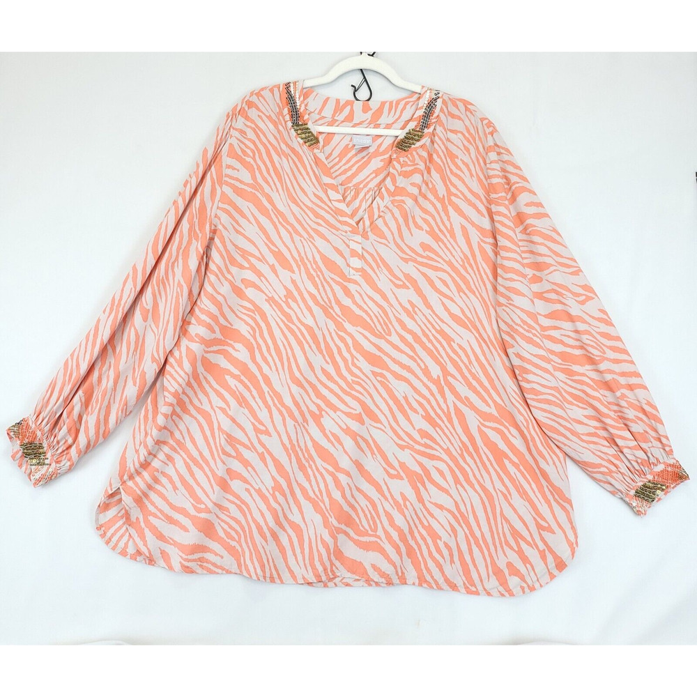 Chico's Animal Print Beaded Sequin Modal Tunic Women XXL Coral Beige V Neck